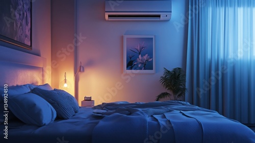 Relaxing bedroom atmosphere with cool air conditioning and soothing lighting at night