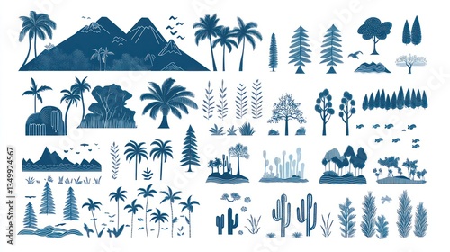 Tropical landscape elements; mountains, plants, birds; design asset