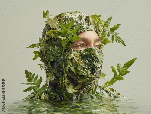 Mysterious camouflaged figure covered in lush green leaves, partially submerged in water. Surreal nature-inspired concept blending human and environment. photo