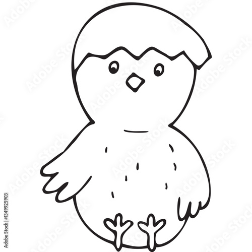 easter spring chick or baby bird with eggshell on head, vector isolated design element, hand drawn doodle element, coloring book
