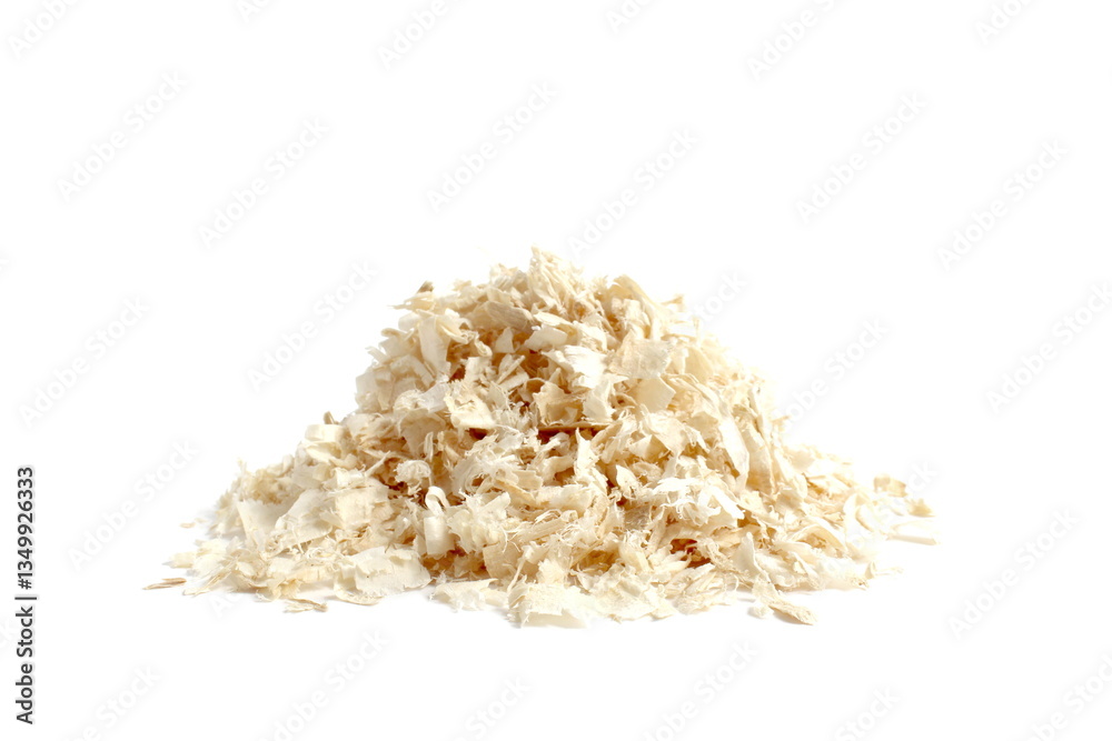 A pile of fresh wood sawdust lies on a white background. A pile of fresh wood sawdust lies on a white background.