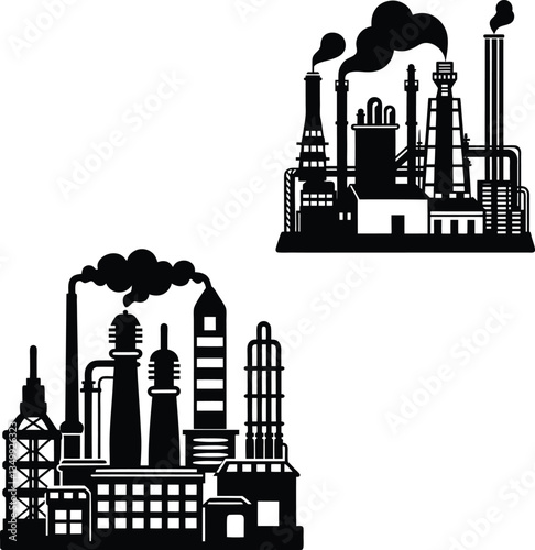 oil refinery factory set silhouette isolated white background.