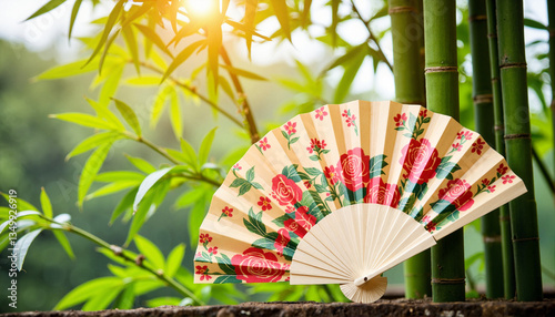 Vibrant Chinese folding fan resting among bamboo leaves, nature beauty