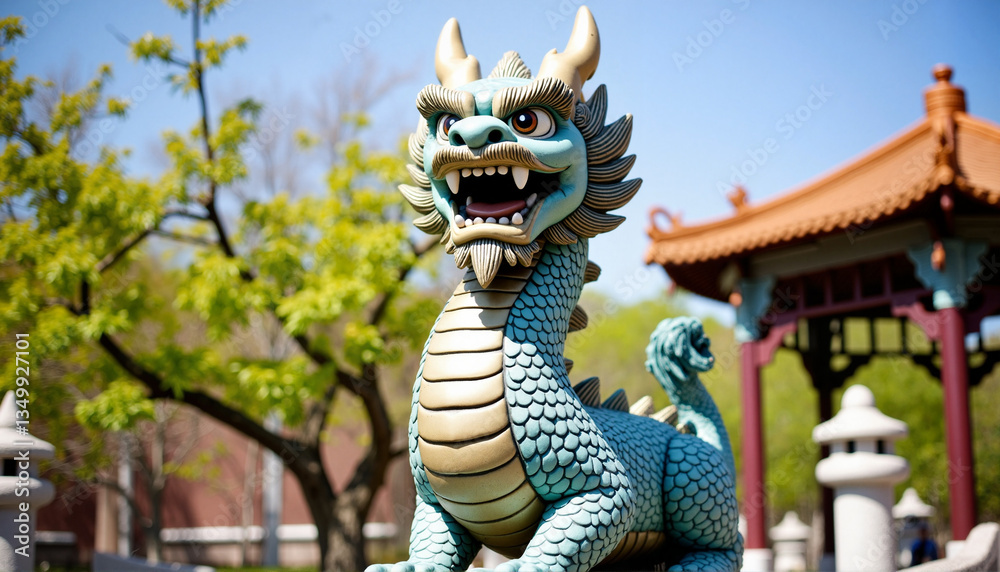 Fototapeta premium Chinese dragon statue displaying strength in a traditional garden, symbolism