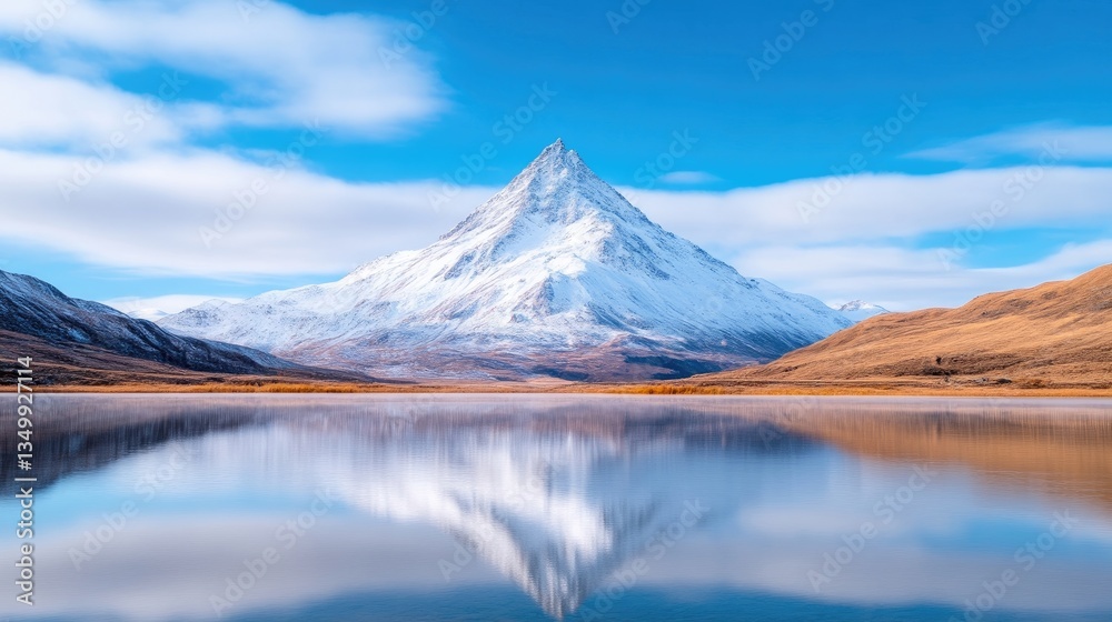 Majestic snow-capped peak mirrored in tranquil lake Majestic snow-capped peak mirrored in tranquil lake