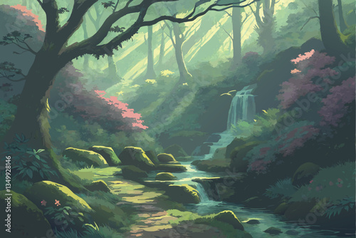 68 Lush fantasy garden, cascading waterfalls, vibrant flowers, sunbeams through forest canopy, moss-covered rocks, ethereal mist, colorful foliage, magical atmosphere, photorealistic, high detail, cin