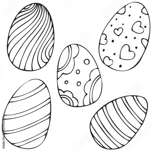spring easter traditional painted dyeing chicken eggs, vector isolated design element, hand drawn doodle element, coloring book
