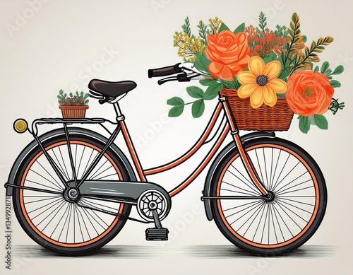 Bicycle with a basket of flowers, white background
