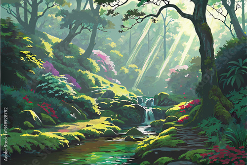 68 Lush fantasy garden, cascading waterfalls, vibrant flowers, sunbeams through forest canopy, moss-covered rocks, ethereal mist, colorful foliage, magical atmosphere, photorealistic, high detail, cin