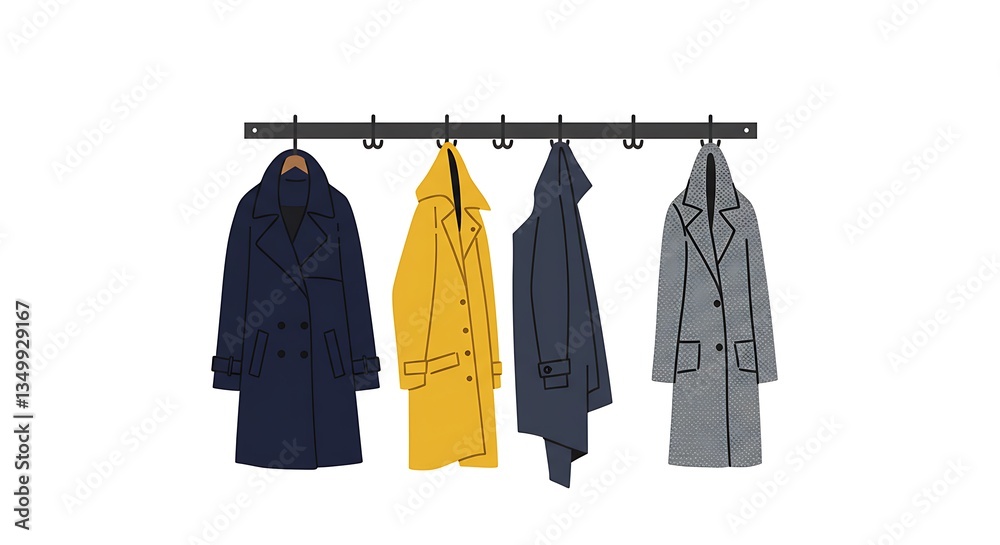Coats Hanging on Rack Various Colors and Styles Outerwear Fashion Coats Hanging on Rack Various Colors and Styles Outerwear Fashion