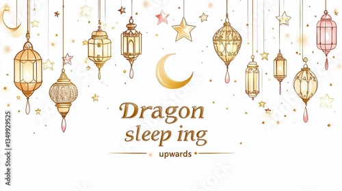 Festive lanterns, stars, moon;  celebration banner