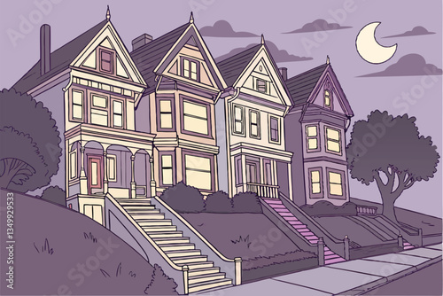 69 Colorful Victorian houses, San Francisco Painted Ladies, steep hillside, tightly packed architecture, twilight lighting, warm glowing windows, pastel colors, ornate details, steep steps, iconic cit