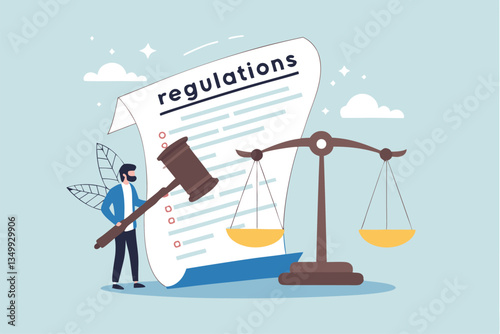 Regulations, law or rules, authority, legislation or government lawsuit, legal document justice or courthouse, verdict or punishment concept, businessman hold gavel with scale and regulation document.
