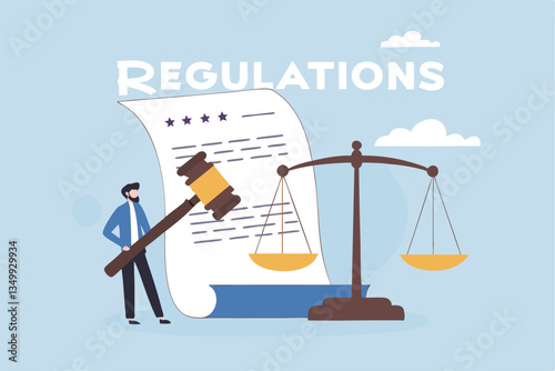 Regulations, law or rules, authority, legislation or government lawsuit, legal document justice or courthouse, verdict or punishment concept, businessman hold gavel with scale and regulation document.