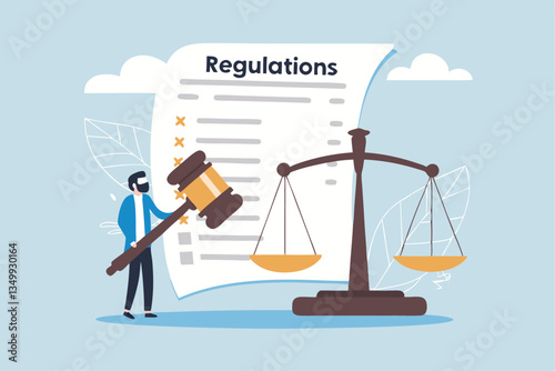 Regulations, law or rules, authority, legislation or government lawsuit, legal document justice or courthouse, verdict or punishment concept, businessman hold gavel with scale and regulation document.