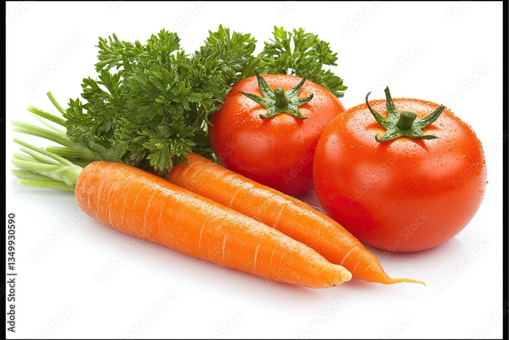 Bright red tomato, crispy orange carrot and green parsley stem on white background Bright red tomato, crispy orange carrot and green parsley stem on white background