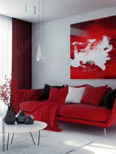 Living Room with Red Couch