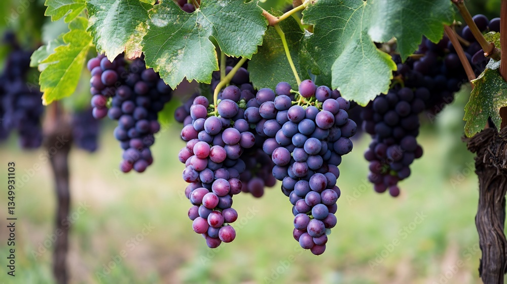 Ripe red grapes hanging in vineyard, sunny day Ripe red grapes hanging in vineyard, sunny day