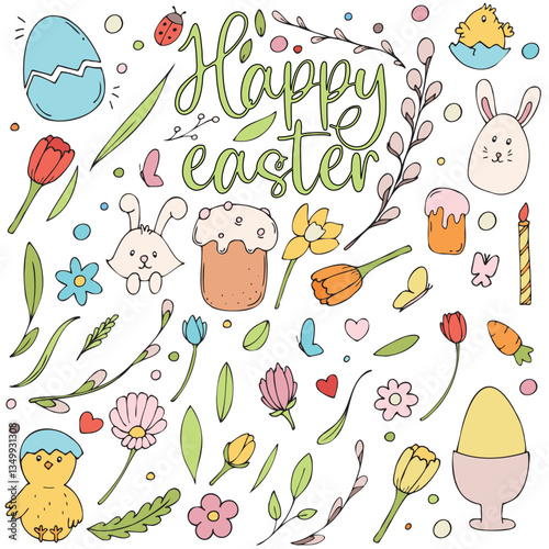 big easter spring set - kulich, eggs, candle, flowers, willow, twigs, rabbits and chickens, vector color isolated design element, hand drawn doodle element, for kids