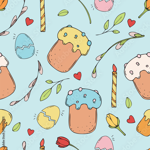 easter cakes and pussy willow branches on a blue background, vector seamless pattern, hand drawn doodles, for kids