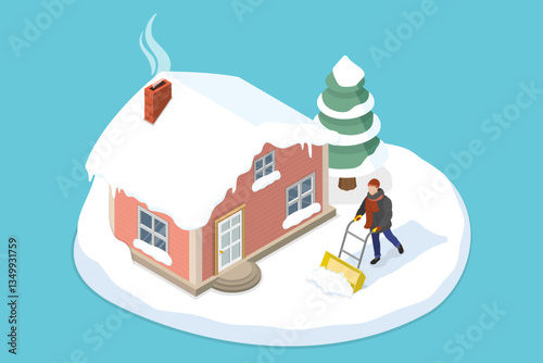 3D Isometric Flat Vector Illustration of Winter Season Activity, Cleaning Snow