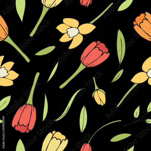 cute delicate spring flowers - tulips and daffodils, red and yellow on black background, vector seamless pattern, hand drawn doodles, for kids