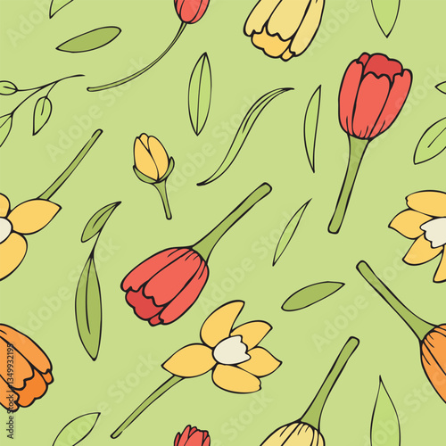 cute delicate spring flowers - tulips and daffodils, red and yellow on green background, vector seamless pattern, hand drawn doodles, for kids