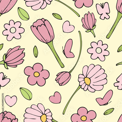cute delicate spring flowers - tulips and daffodils, pink on yellow background, vector seamless pattern, hand drawn doodles, for kids