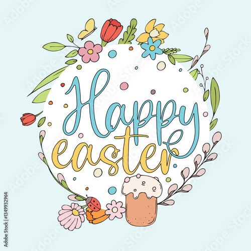 happy easter - greeting card template, pussy willow, kulich, flowers, vector color isolated design element, hand drawn doodle element, for kids