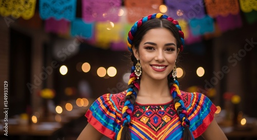Latina woman in colorful traditional Mexican dress with braided hair and festive decorations at celebration. Hispanic cultural attire for Cinco de Mayo or Day of the Dead festivities.