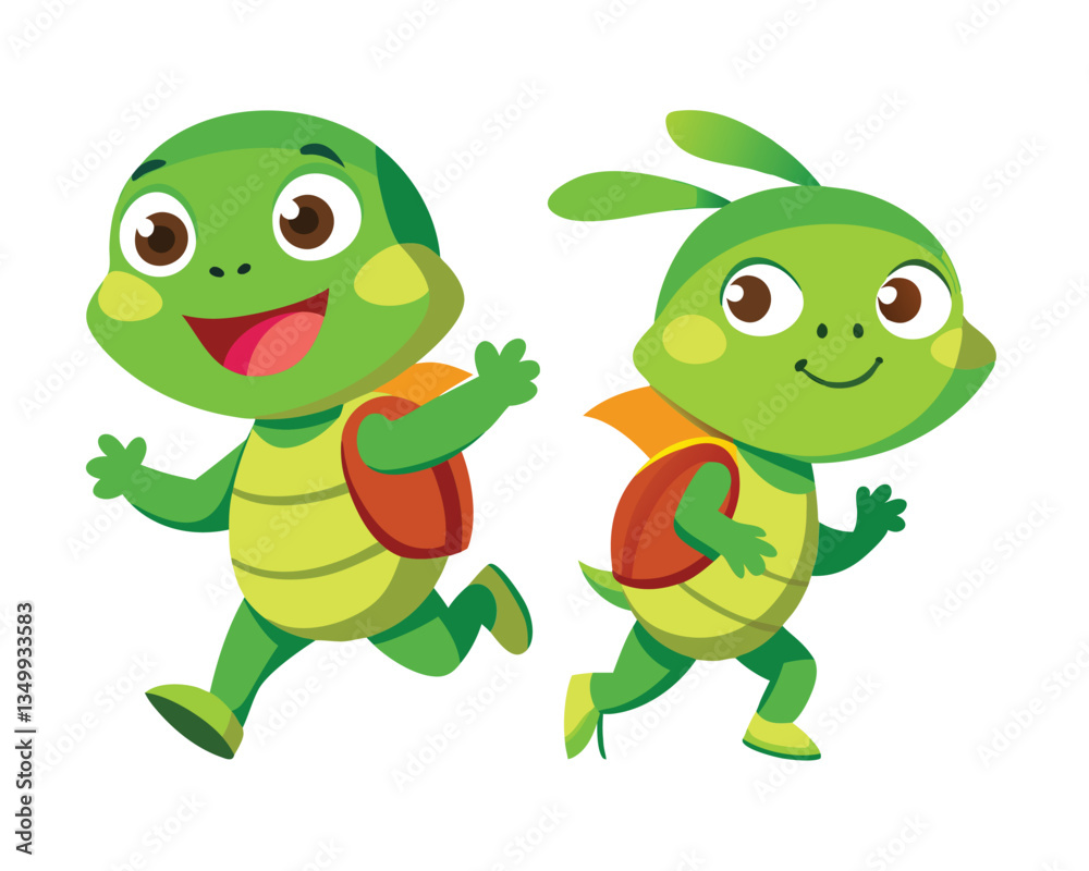 Fototapeta premium Cute Cartoon Turtle Running with Backpack Illustration