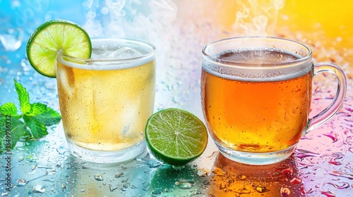 Iced and hot tea with lime and mint on wet surface, vibrant background photo