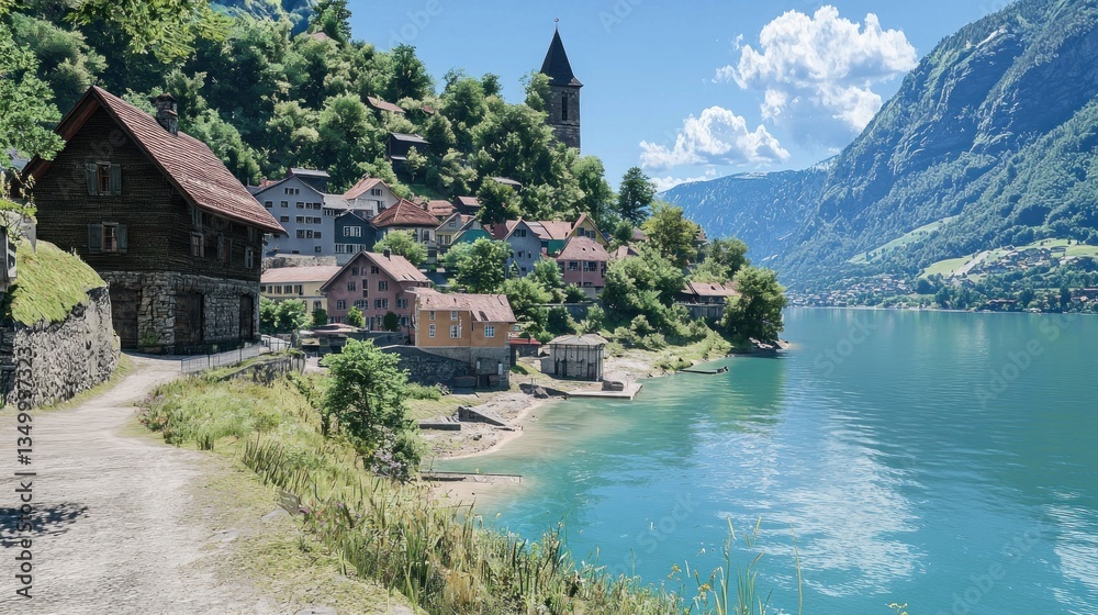 Naklejka premium Lakeside village nestled in Swiss Alps