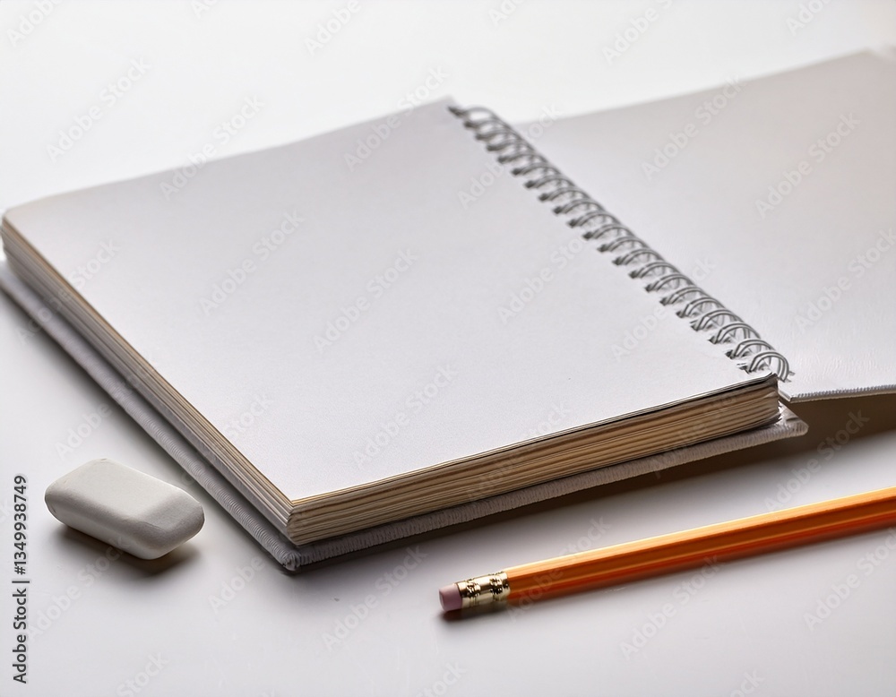 Sketchbook with pencil and eraser, white background Sketchbook with pencil and eraser, white background