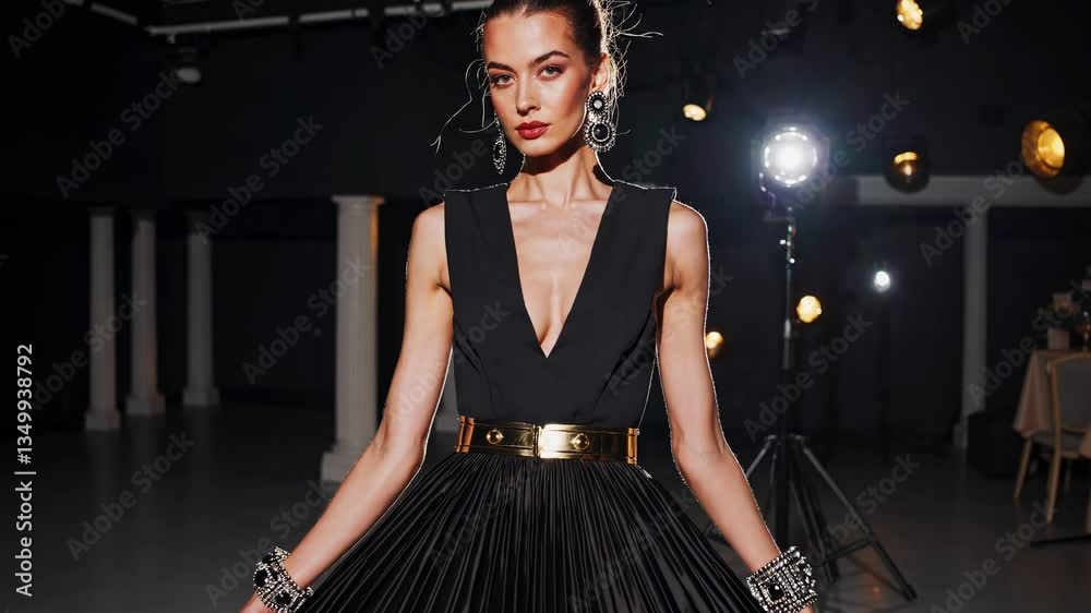 Fashion model in black evening gown with gold belt walking runway in professional studio, elegant dress with deep neckline showcased during photoshoot