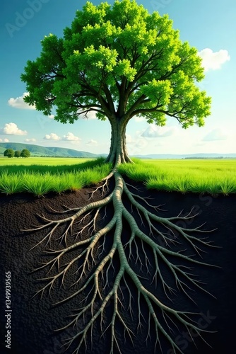 Tree roots stretching from the base of the trunk into the distance, landscape, green