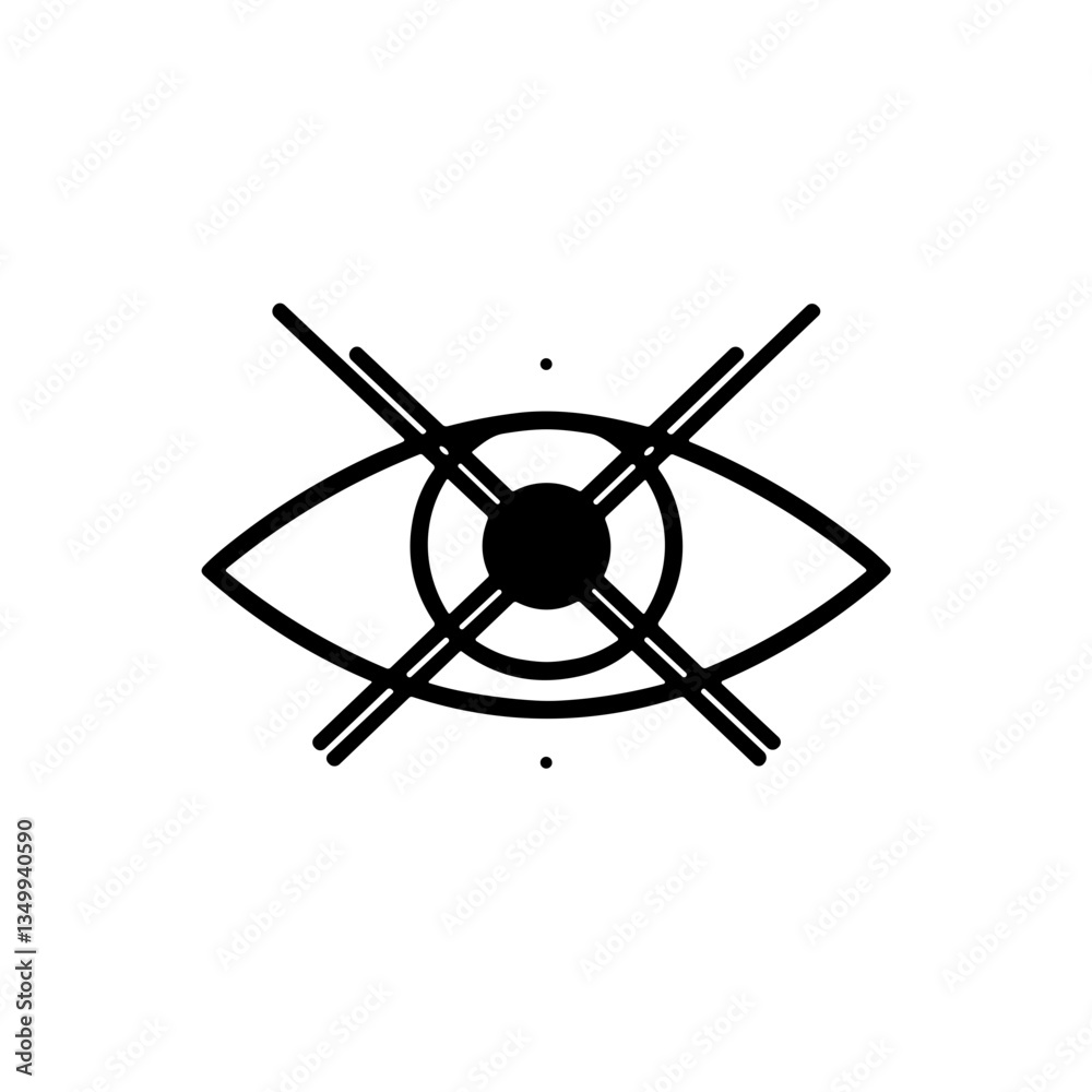 Stylized eye icon with crossed lines representing vision and perception in a black and white design
Stylized eye icon with crossed lines representing vision and perception in a black and white design