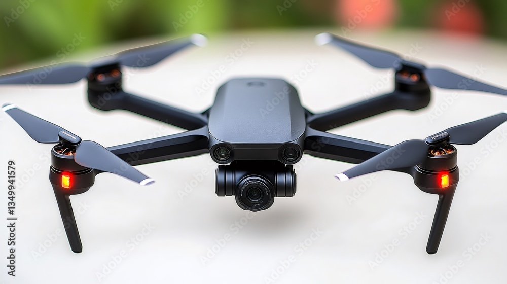 Modern quadcopter drone hovering, displaying advanced technology Modern quadcopter drone hovering, displaying advanced technology
