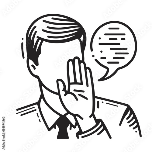 Person gesturing to speak quietly with a speech bubble representing discretion and privacy in a black and white design