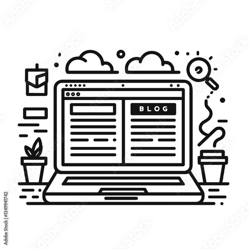 Laptop displaying a blog interface representing content creation and digital media in a black and white design