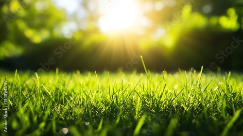 Realistic green lawn grass border with sun light. Easter sunny park field bundle isolated with bokeh reflection. Outdoor summer fluffy morning gras set. Blur fresh sprout on farm glade