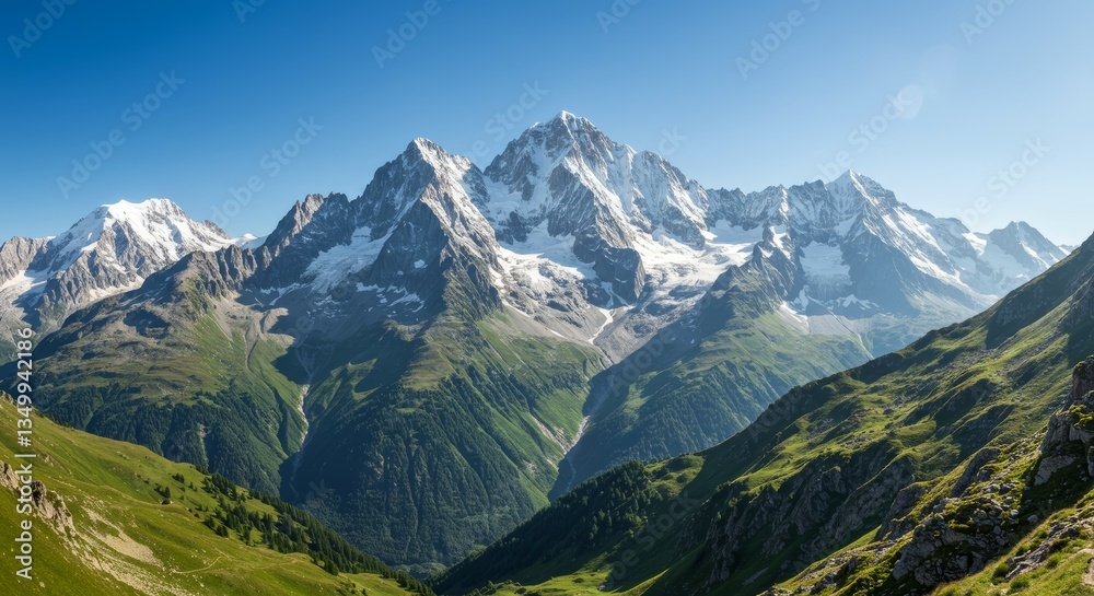 Spectacular alpine landscape featuring snowy peaks against a clear blue sky Spectacular alpine landscape featuring snowy peaks against a clear blue sky