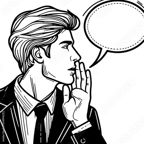 Businessman whispering with a speech bubble representing communication and professionalism in a black and white design
