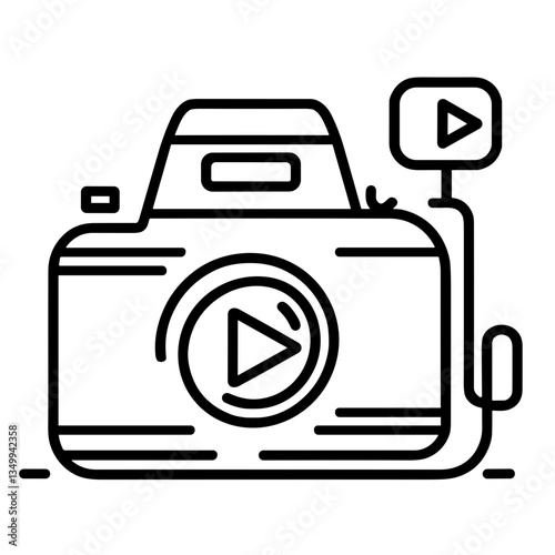 Camera with play button symbolizing multimedia and content creation in a black and white design