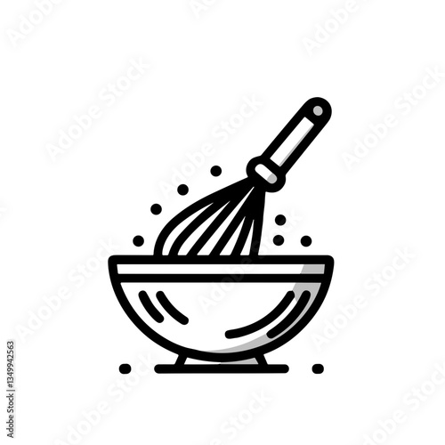 Mixing bowl with whisk representing cooking and preparation in a black and white design