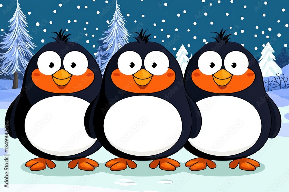 Obraz premium A Heartwarming 2D Cartoon of a Loving Penguin Family of Three Snuggled in a Winter Wonderland Under a Starry Night Sky