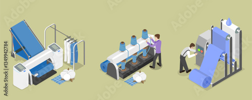 3D Isometric Flat Vector Illustration of Textile Manufacturing, Machinery and Equipment