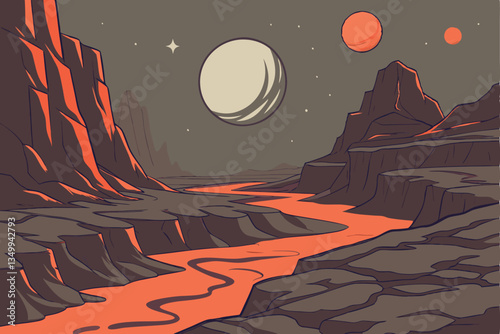 71 Alien landscape, rocky terrain, jagged cliffs, twin moons in sky, glowing embers, volcanic activity, barren planet, science fiction scene, dramatic lighting, distant planets, starry night, otherwor