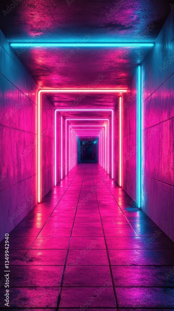 Bright neon lights illuminate a modern hallway with futuristic design elements at night Bright neon lights illuminate a modern hallway with futuristic design elements at night