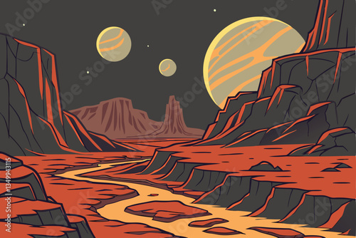 71 Alien landscape, rocky terrain, jagged cliffs, twin moons in sky, glowing embers, volcanic activity, barren planet, science fiction scene, dramatic lighting, distant planets, starry night, otherwor